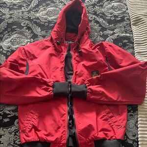 Red Hooded Bomber Jacket with Ribbed Trim - Unbranded